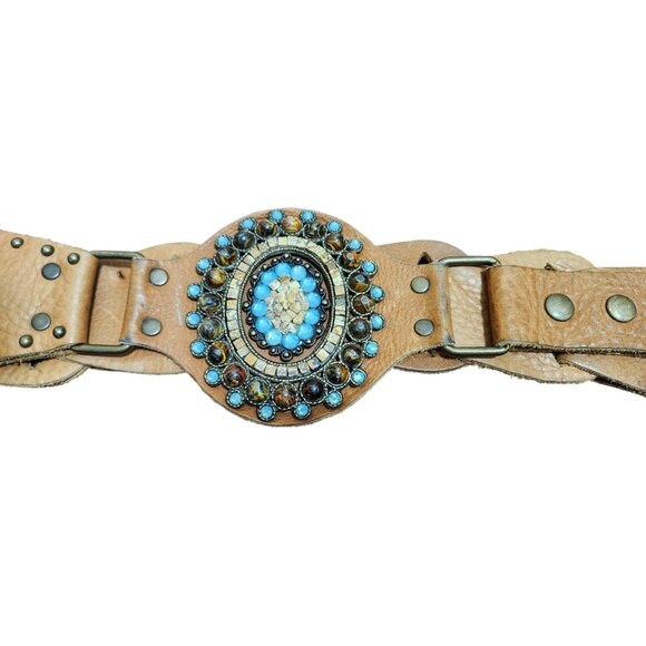 LeatheRock Custom Linked Leather Studded Rhinstone Belt Size M/L USA MSRP $245 - Picture 9 of 16